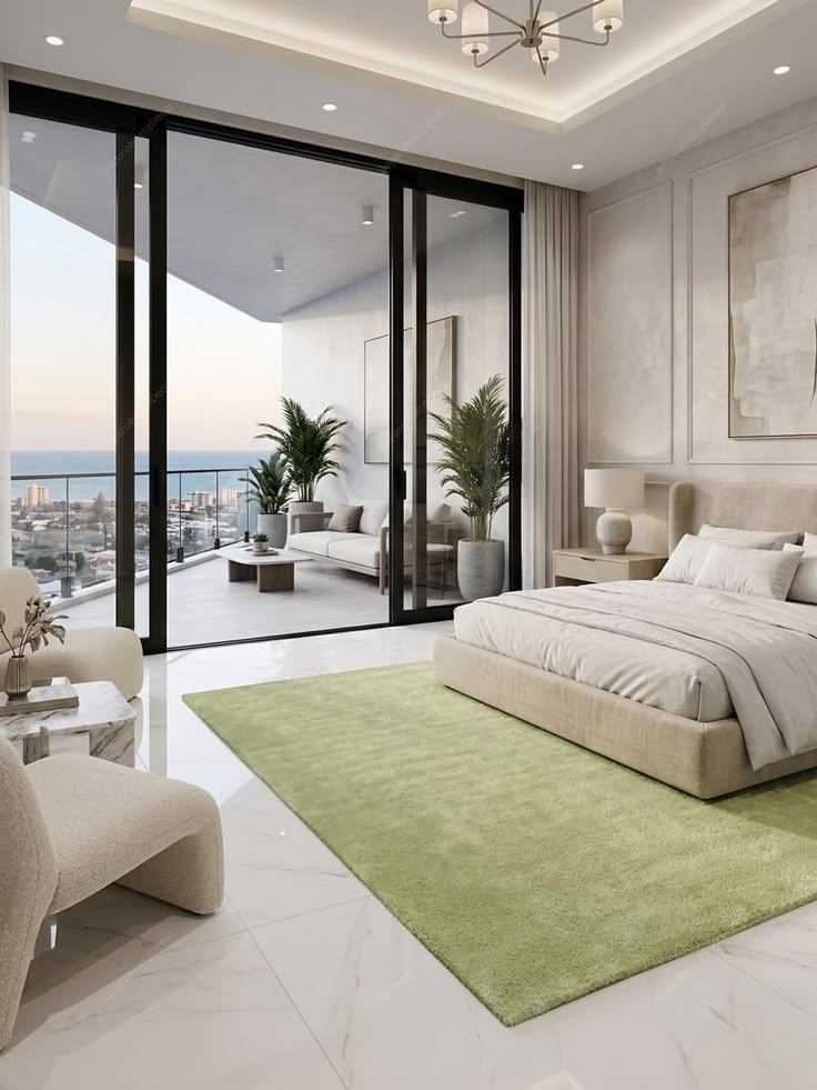 Luxury bedroom interior with warm porcelain tile flooring