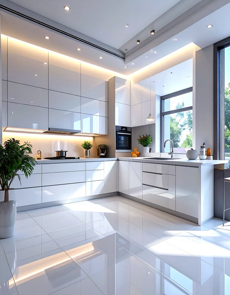Contemporary kitchen with premium porcelain countertop and floor tiles