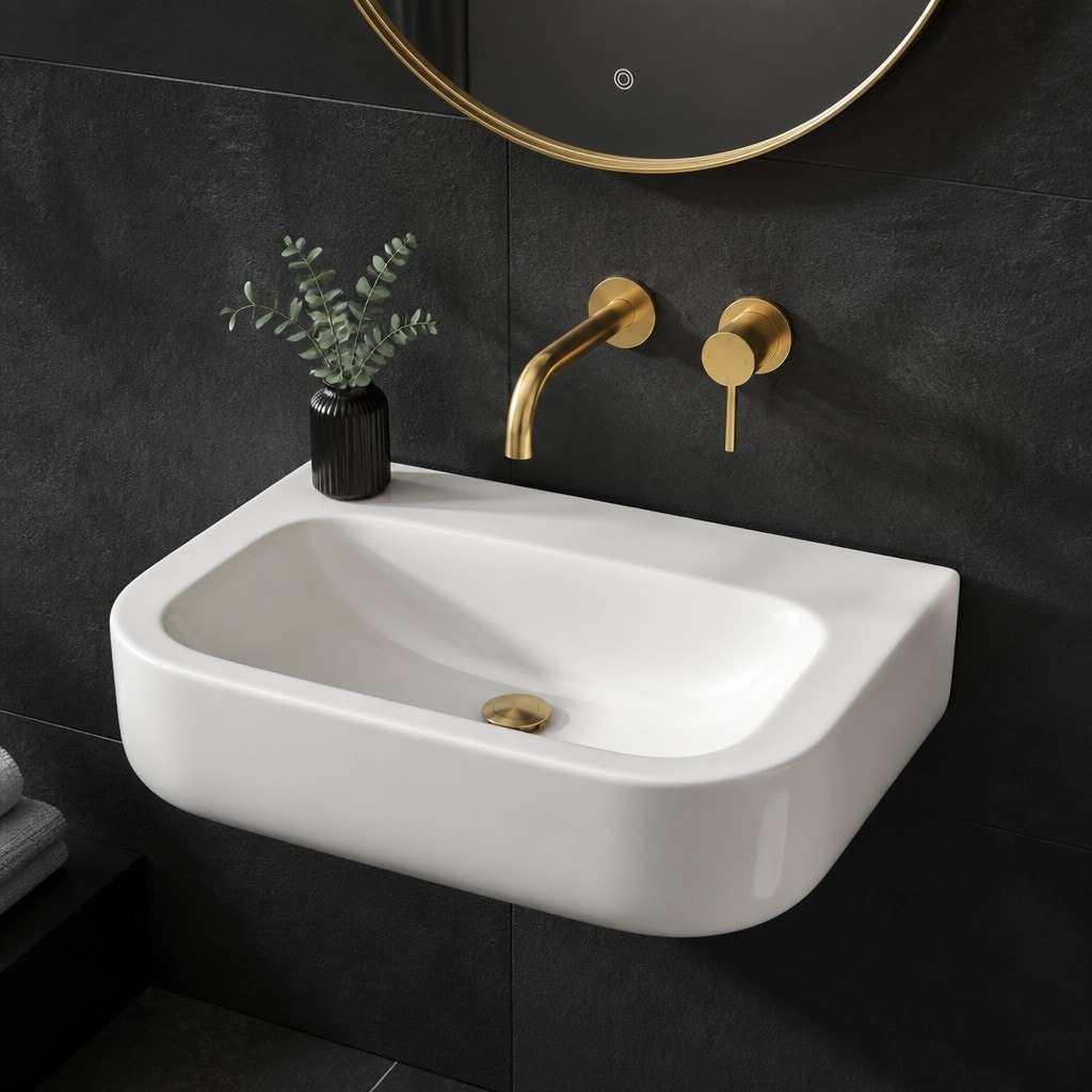 Charu wall-hung basin with gold faucet