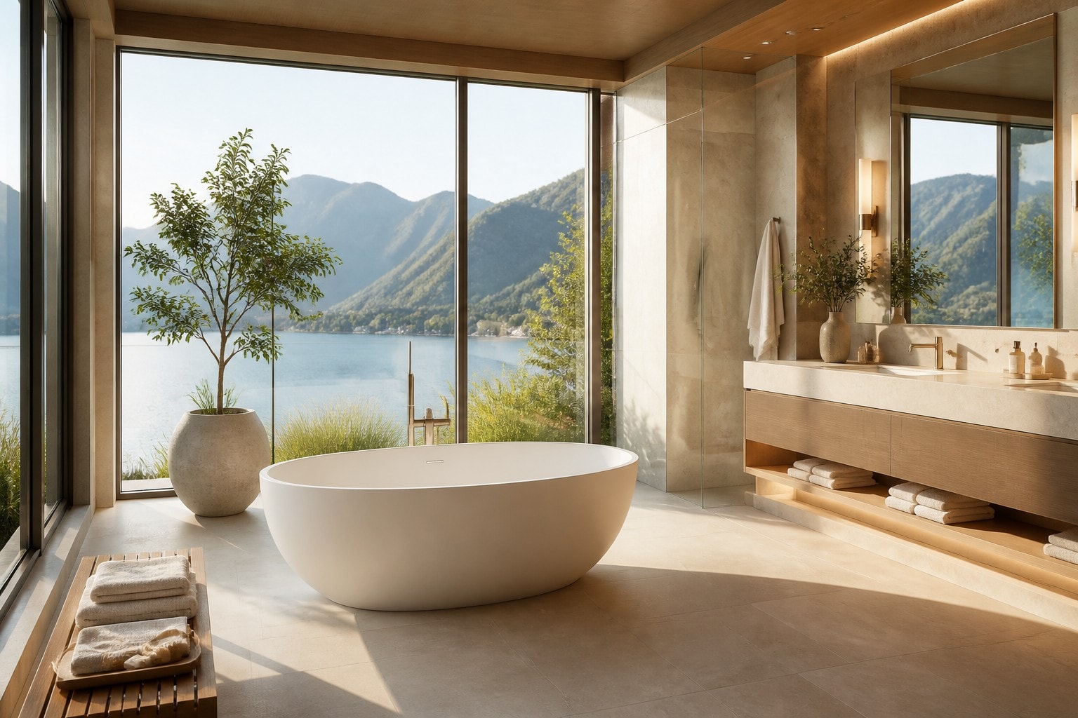 Luxury freestanding bathtub in spa bathroom with natural light