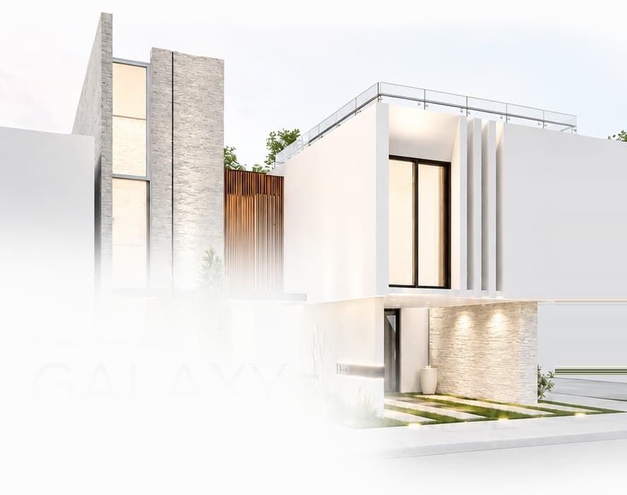 Contemporary white villa with natural stone walls and warm architectural lighting